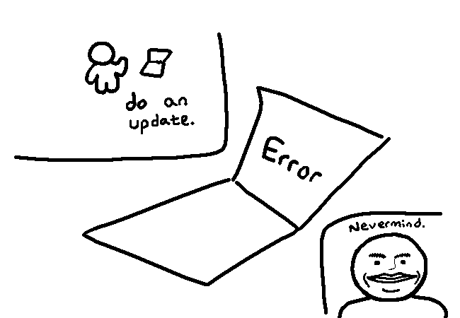 A three panel comic that begins with a person next to a computer with the label “do an update,” continues with an error on screen, and concludes with an annoyed face and the phrase “nevermind.”