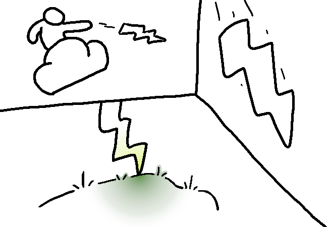 The figure in the clouds throws his lightning bolt, and it strikes the ground, creating a small portion of color to appear.