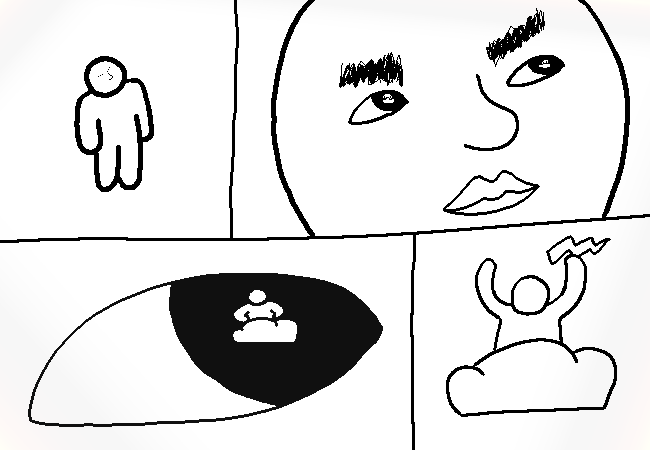 There are four panels in this image. The first is of a man, and the second zooms into his face. The third panel zooms into his eye, where a figure in a cloud can be seen reflecting off the man's eye. The fourth panel shows the figure in the cloud raising a lighting bolt over his head.