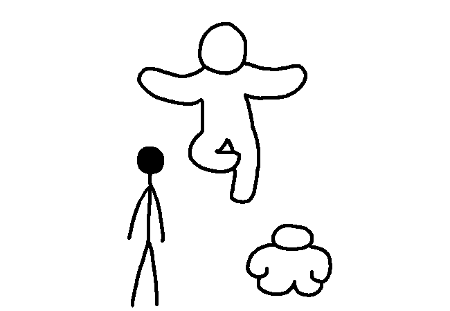 The Chromatic Rejector floats in the air with his hands raised outwardly, one leg resting on the other. There are two henchmen below him, one tall and thin, and the other short and wide.