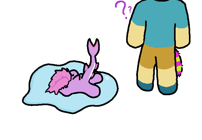 Sharkie has her face on the floor, crying a puddle. Rose stands nearby, confused.