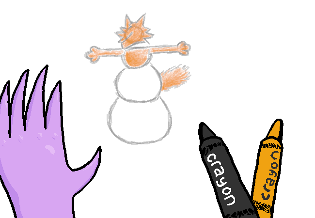 Sharkie's left hand, a black crayon, and an orange crayon are shown atop a drawing of a snowman with a fox furry top instead of the usual upper body.