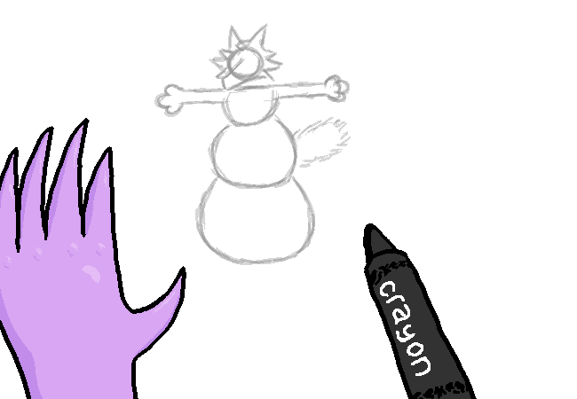 Sharkie's left hand and a black crayon are shown atop a drawing of a snowman with a fox furry top instead of the usual upper body.