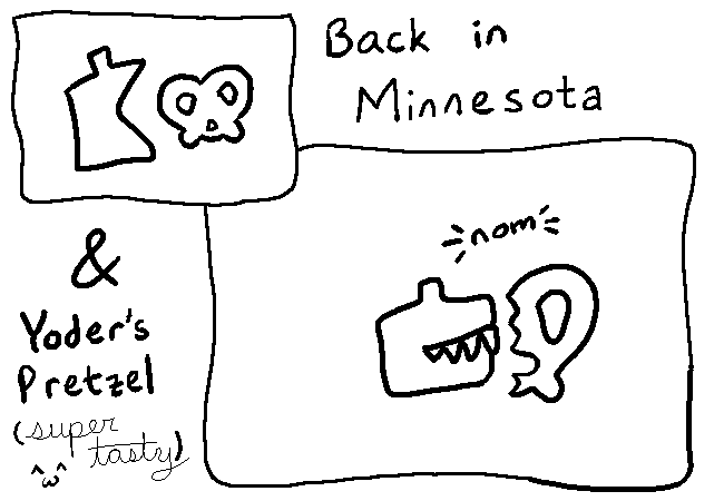A comic with two panels. There is text that reads “Back in Minnesota” and “and Yoder's Pretzel (super tasty) ^w^.” There is a Minnesota and Pretzel in the first panel, and the second panel shows the Minnesota eating the pretzel.