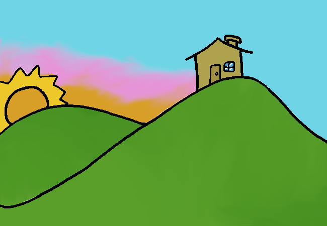 A sunset is shown behing a couple hills, the front-most hill haaving a house atop it.