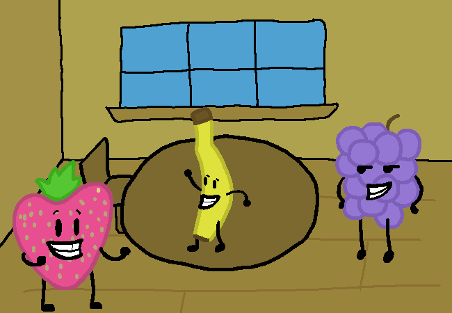 Inside the house stand three object show characters: Banana, Grapes, and Strawberry.