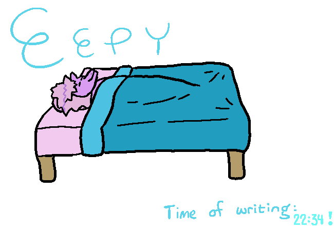 Sharkie is lying in bed. The image is labeled “Eepy,” and the time of writing is 22:34.